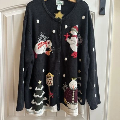 VTG 90’s The Quacker Factory Cardigan Sweater Christmas Snowman Birdhouse 2X - Image 1 of 4