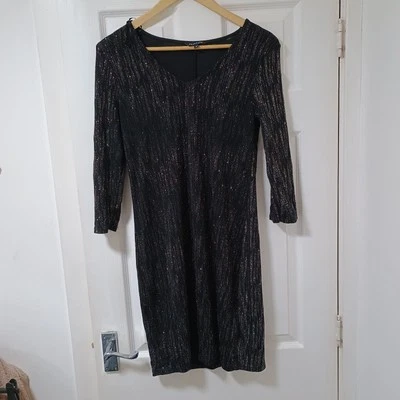 Peacocks Black Sparkly T Shirt Dress 3/4 Sleeves V Neck Glitter Party Size UK 10 - Image 1 of 4