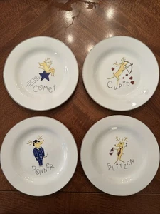 POTTERY BARN SANTA'S REINDEER SALAD/DESSERT PLATES ~ SET of 4 ~ DISCONTINUED - Picture 1 of 7