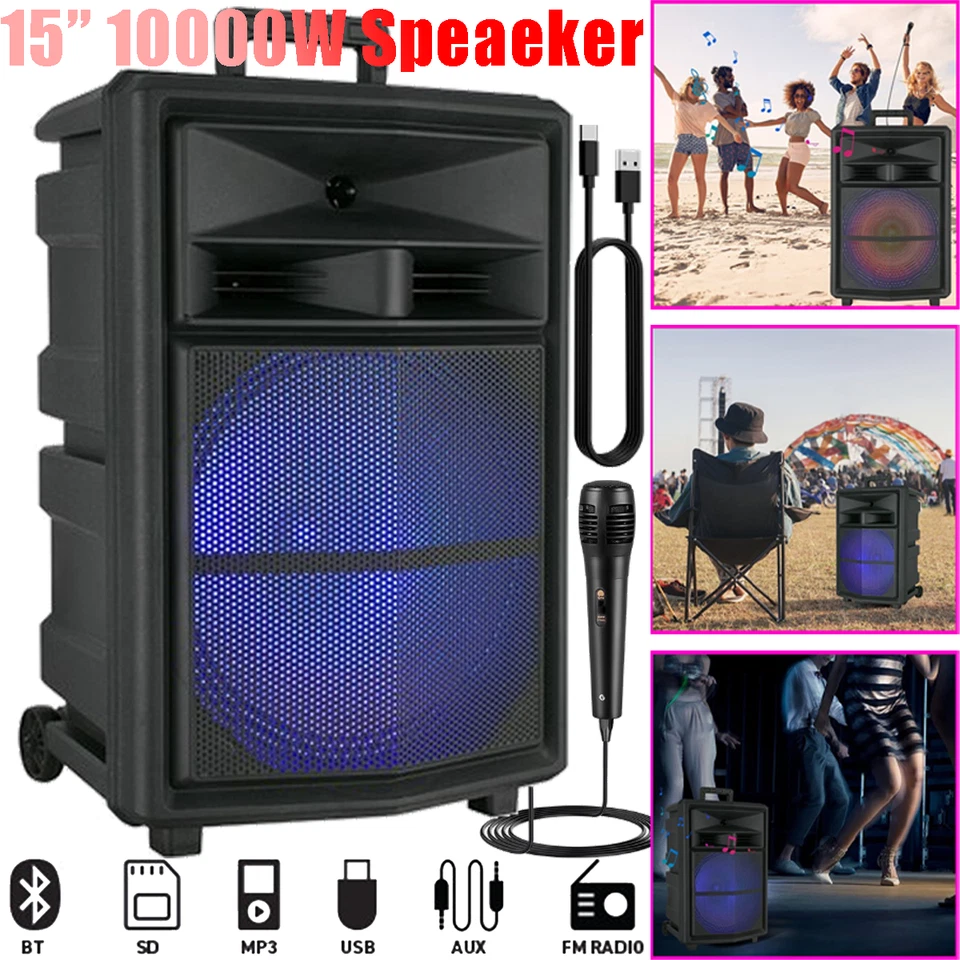 15" 10000W Heavy Bass Bluetooth Party Speaker System w/ LED Lights Wireless Mic - Image 1 of 4