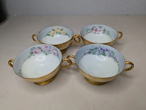 4 Haviland France Porcelain Double Handle Teacups Floral Gold - Picture 1 of 5