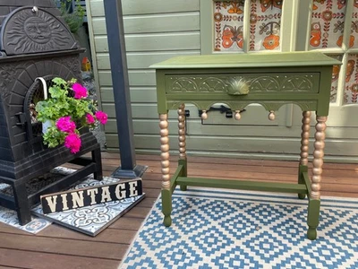 vintage solid wood carved table arts and crafts with drawer dark green and gold - Image 1 of 4