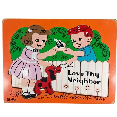 Vintage Sifo Love Thy Neighbor Puzzle Girl Boy Dog Complete 60s 70s - Image 1 of 4