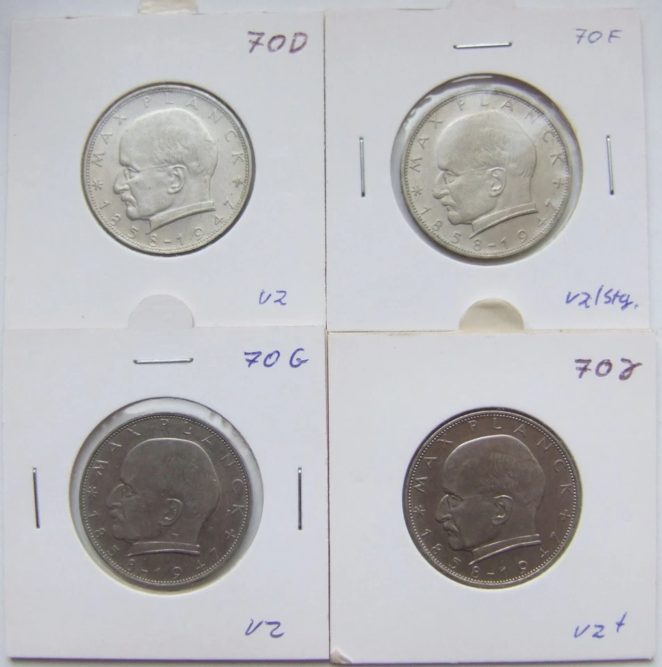 Moneda BRD Max Planck 2 marcos alemanes 1970 D, F, G, J en extremadamente fina Foto 1 de 1