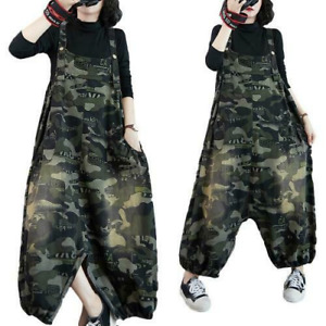 Women's Retro Camouflage Overalls Jumpsuit Denim Baggy Loose Drop-crotch Pants @