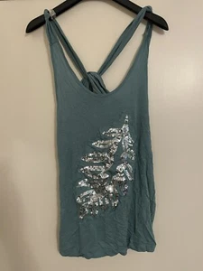 Topshop Teal Tank Top Crossed Back Silver Sequin Leaf - Picture 1 of 3
