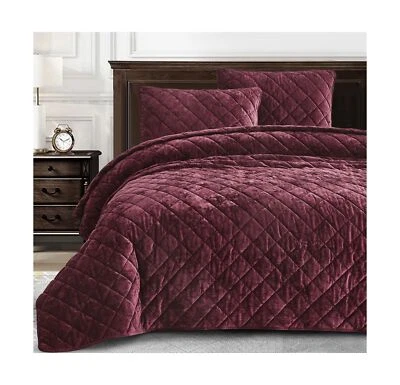 Chezmoi Collection Lux Burgundy Velvet Quilt King Set, 3-Piece Lush Plush Dis... - Image 1 of 4