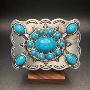 Women's Cowgirl Silver-Toned Belt Buckle with Turquoise Stones - 3.5" x 2.5" - Picture 1 of 7