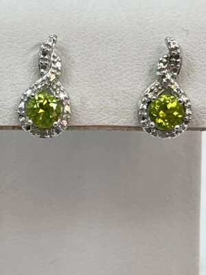Sterling Silver 2.2g Green Peridot Diamond Simple Elegant Dainty Earrings - Image 1 of 2