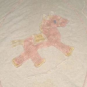 Vtg Chenille Crib Bedspread Pale Blue-Gray w/ Pink Pony Flowers - Picture 1 of 9