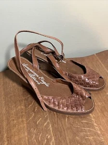 Women’s Size 11 American Eagle Outfitters Brown Leather Ankle Wrap Wedge Sandals - Picture 1 of 6