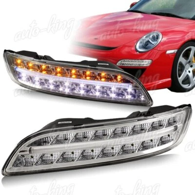 LUZES DE PARA-CHOQUE FIT 2005-2009 PORSCHE 911 997 LENTE TRANSPARENTE ÂMBAR E LED BRANCO DRL - Imagem 1 de 4