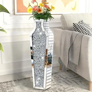 70cm XL Large Sparkle Diamond Crushed Crystal Sparkly Silver Mirrored Floor Vase - Picture 1 of 16