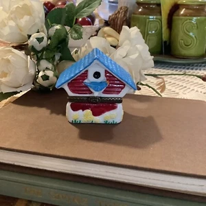 Vintage Mini ceramic blue bird house hinged trinket box cottagecore 2 1/4"x2.5" - Picture 1 of 7