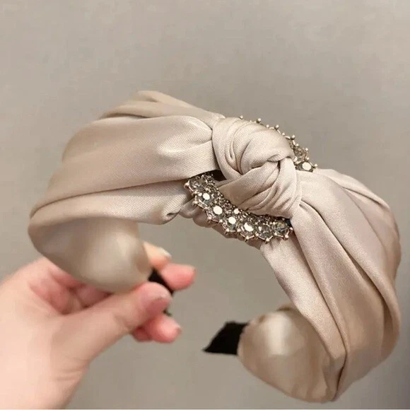 Luxurious Satin Knot Champagne Cream Headband with Rhinestone Accent NWT ✨✨🔥💗 - Image 1 of 4