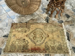 Vintage 1980s Turkish Rug - Tribal Oushak Hand-Knotted Small Carpet - 1.6x2.8 ft - Picture 1 of 7