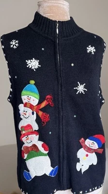 Chaleco Suéter Navidad Vintage Años 90 Mercer Street Studio Negro Muñeco de Nieve Novedad Foto 1 de 4