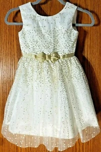 White Gold Tulle Size 5 Girl's Dress Sparkle Bow Beautiful VTG - Picture 1 of 4