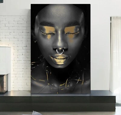 XXL LEINWAND BILD BIS 160x100x5 FRAU GESICHT SCHWARZ GOLD-OPTIK NASENRING MODERN - Bild 1 von 2