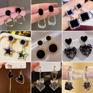 Orecchini Nappa Cristallo Geometrico Nero Moda Borchia Goccia Pendente Donna Gioielli - Foto 1 di 27