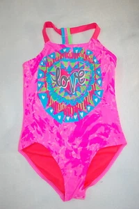 Girls Swimsuit HOT PINK TIE DYE Turquoise Lime LOVE Strappy Racerback S 6-6X - Picture 1 of 2