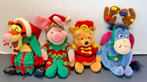 Walt Disney Company Plush Beanies Christmas Winnie the Pooh, Eeyore, Piglet, Tig - Picture 1 of 5