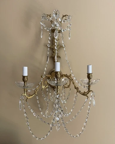 PAIR Vintage Georgian Adams Style Crystal Brass Wall Sconce Sconces Candelabras Cover
