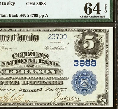 1902 $5 The Citizens National Bank of Lebanon Kentucky Ch#3988 PMG 64 EPQ (FFE) - Image 1 of 4
