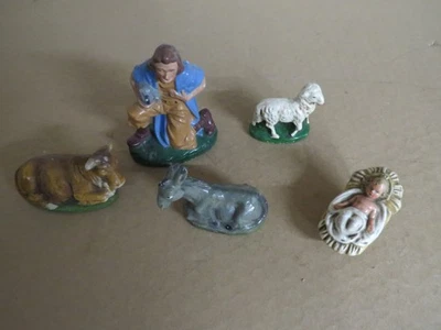 Konvolut 5 alte Krippenfiguren Hirte 12 cm Pappmache + Christkind + 3 Tiere 7cm - Bild 1 von 4