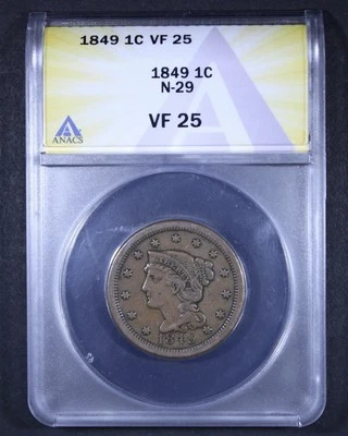 1849 Braided Hair Large Cent (N-29) - 1c ANACS VF25 - Nice Coin! - Image 1 of 4