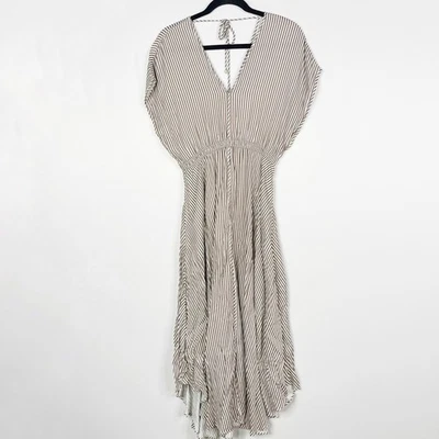 Hale Bob XSmall XS Gadi Twill Striped Midi Dress Taupe White Slit Front Tie Back Foto 1 de 4