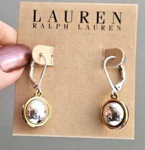 Lauren Ralph Lauren Two-Tone Circle Drop Earrings Gold/Silver Signed New on Card - Picture 1 of 10