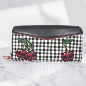 Rockabilly Skull Cherry Gingham Zip Around Wallet Vintage Pin-Up Style Clutch - Picture 1 of 5