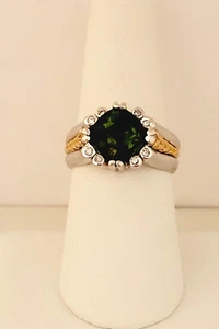 14KT NH TWO TONE GREEN TOURMALINE & DIAMOND RING SIZE 8 - Picture 1 of 8