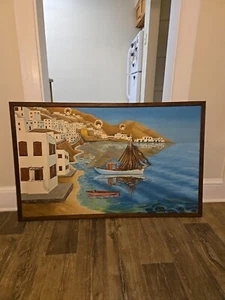 G Raftopoulos 48"×30 Oil On Canvas Greek Shore Painting - Picture 1 of 23