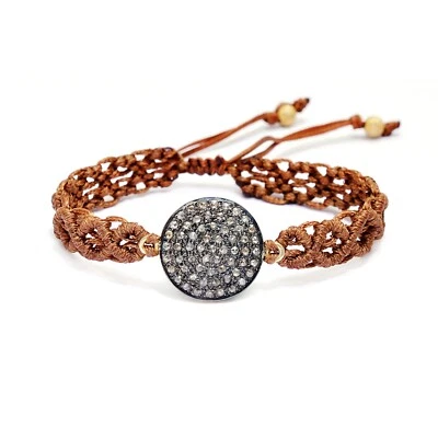 Brazalete ajustable trenzado hilo macramé marrón pavé diamantes plata de ley 925 Foto 1 de 4