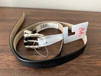 NWT ANNE KLEIN BLACK LEATHER BELT L SILVERTONE BUCKLE DESIGNER CLASSIC SMOOTH - Image 1 of 4