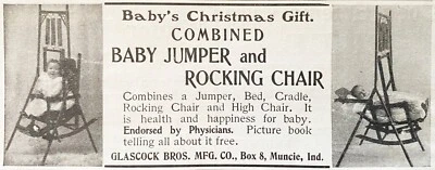 Combo de silla mecedora y saltador GLASCOCK'S regalo de Navidad para bebé Muncie, anuncio impreso de 1900 Foto 1 de 2