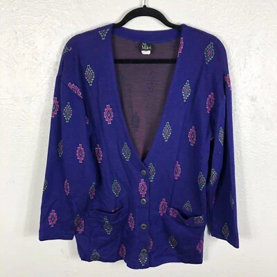 Cárdigan suéter vintage Ali Miles talla pequeña púrpura Ikat manga larga informal Foto 1 de 4