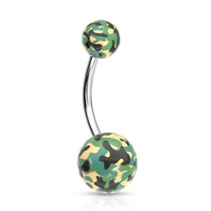 Surgical Steel Belly Button Ring 14 Gauge & Acrylic Green Camouflage - Picture 1 of 3