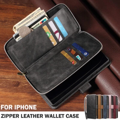 For iPhone 16 15 14 13 12 11 Pro Max XS XR Case Leather Wallet Zipper Flip Cover - Image 1 of 4