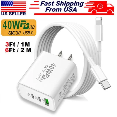 40W Double USB-C Fast Charger Type C Cable For iPhone 15 14 13 12 11 Pro Max XR - Image 1 of 4