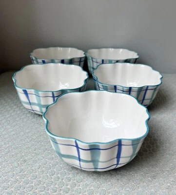 5 Bonjour ANTHROPOLOGIE HILDE Plaid Scallop bowls Blue White Green Hand Painted - Image 1 of 4