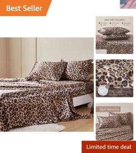 Silky 600 Thread Count King Size Bed Sheets Set - Breathable Brown Leopard - Picture 1 of 9