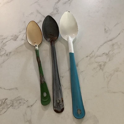 Vintage Enamelware Metal Spoons Lot Of 3 - Image 1 of 4