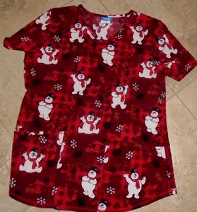 Silky Feel Frosty the Snowman Christmas Scrub Uniform Top Ladies S Small - Picture 1 of 2