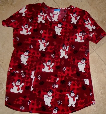 Silky Feel Frosty the Snowman Christmas Scrub Uniform Top Ladies S Small - Image 1 of 2