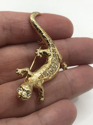 Swarovski Swan Signed Crystal Lizard Salamander Brooch Pin Rhinestone Gold Tone - Image 1 of 4