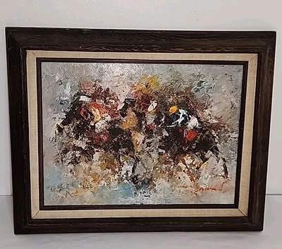 Pintura a óleo original impressionismo assinado coroa tríplice Edward Barton Horserace - Imagem 1 de 4