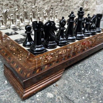 Luxury Wood Chess Set  Mosaic Inlay & Metal Pieces Handmade | Christmas Gift - Image 1 of 4